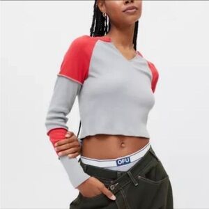Urban Outfitters Gray and Red Raglan Colorblock Crop Top